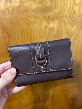 Etienne Aigner Dark Brown Leather Snap Wallet with Ring Detail